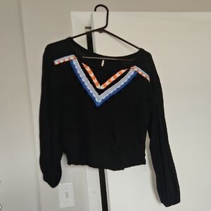 Free People Black Blouse with Blue and Orange V-Neck